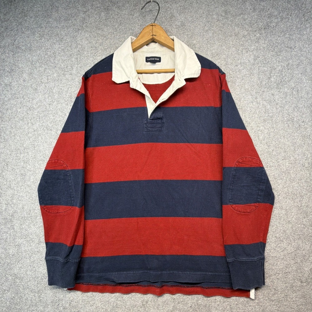 Vintage Lands End Rugby Shirt Mens Large Sleeve Heavy Cotton Preppy 90s